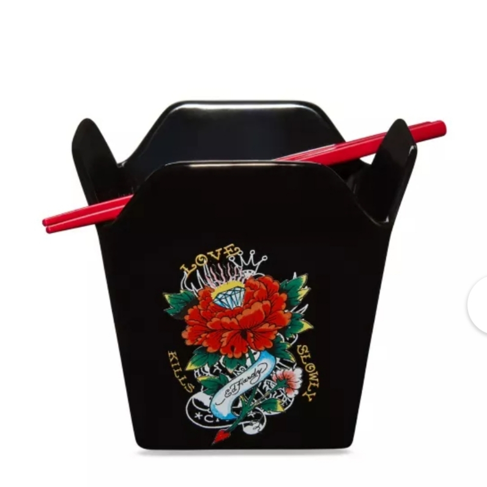 Ed Hardy Skull n' Crown Tattoo Inspired Take Out Ceramic Bowl Dish & Chopsticks